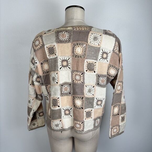 VTG Talbots Womens L Granny Square Cardigan Sweater Hand Knit Boho Hippie Retro - Picture 3 of 7